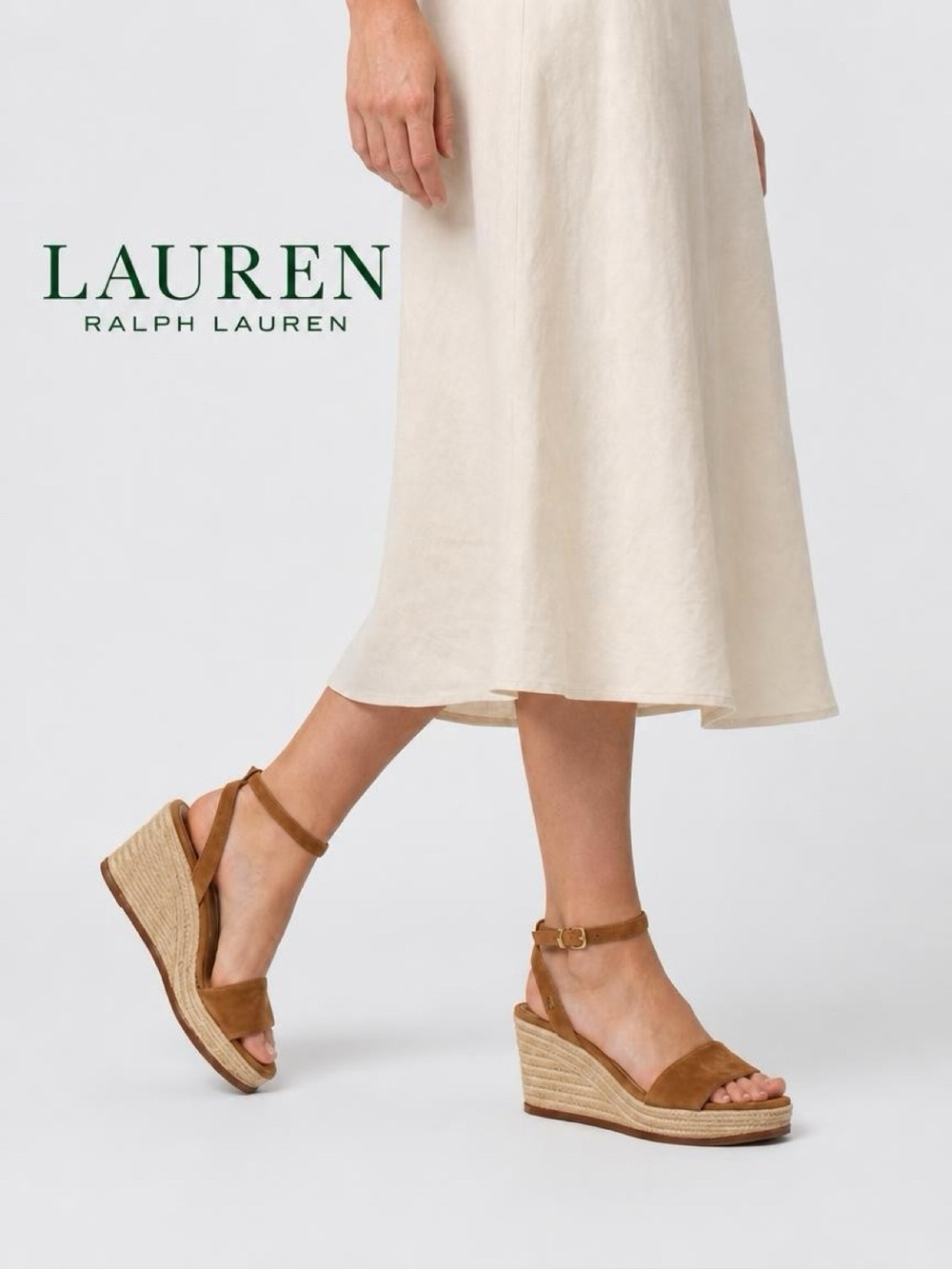 Lauren Ralph Lauren Leona Espadrille Wedge Sandals Brown Suede Size 8.5B